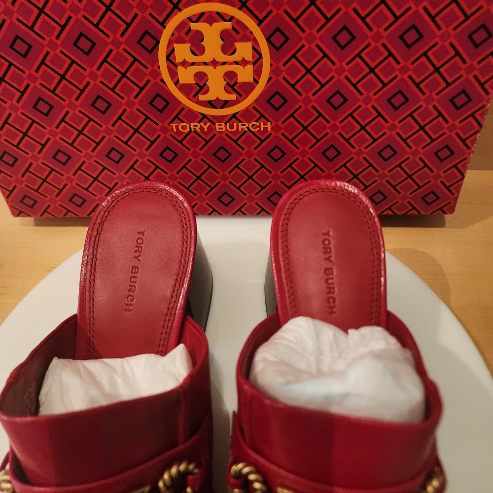 🔥Tory Burch | Red Perrine Mules with Gold Accents - Picture 15 of 17